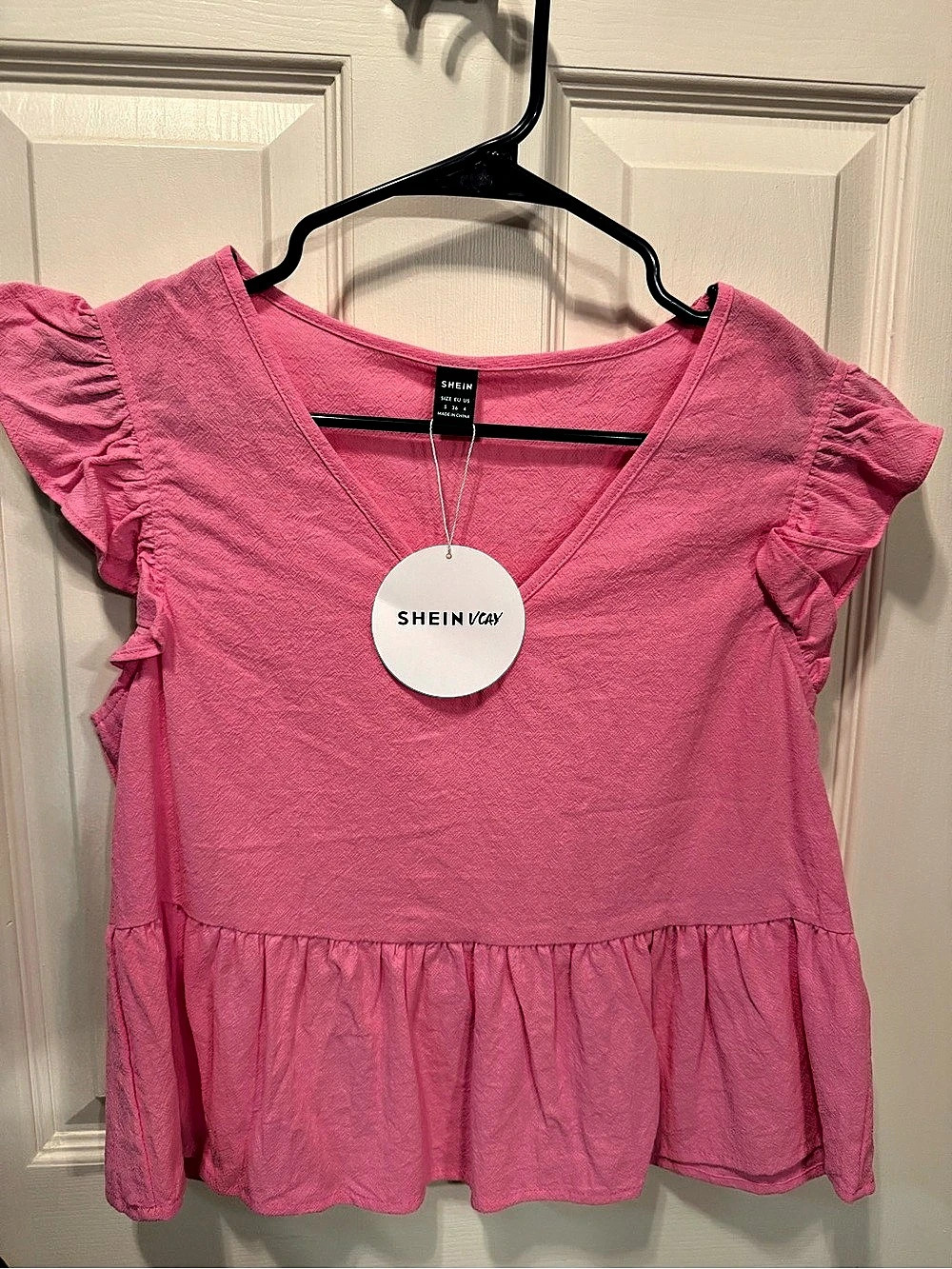 Women’s SHEIN VCAY Ruffle Trim Cropped Blouse Pink Size Small
